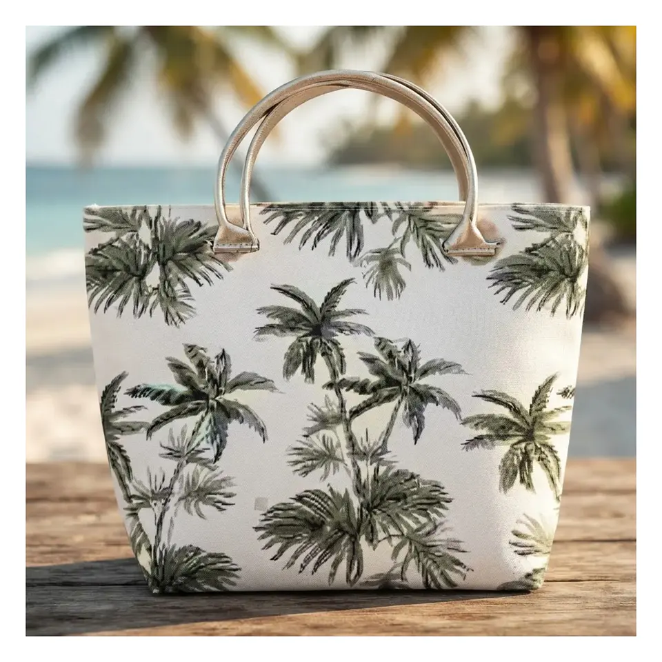 Bolso Playa Lona Algodon Palmeras Con Cierre Fuelle Grande 1