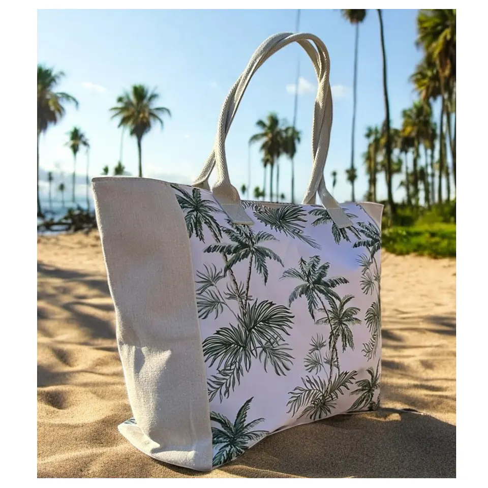 Bolso Playa Lona Algodon Palmeras Con Cierre Fuelle Grande 7