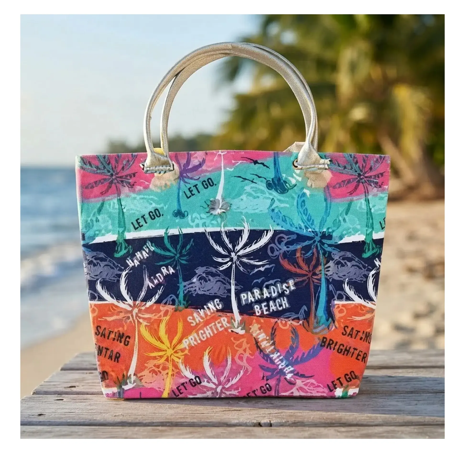 Bolso Playa Lona Algodon Franjas Con Cierre Fuelle Grande 1
