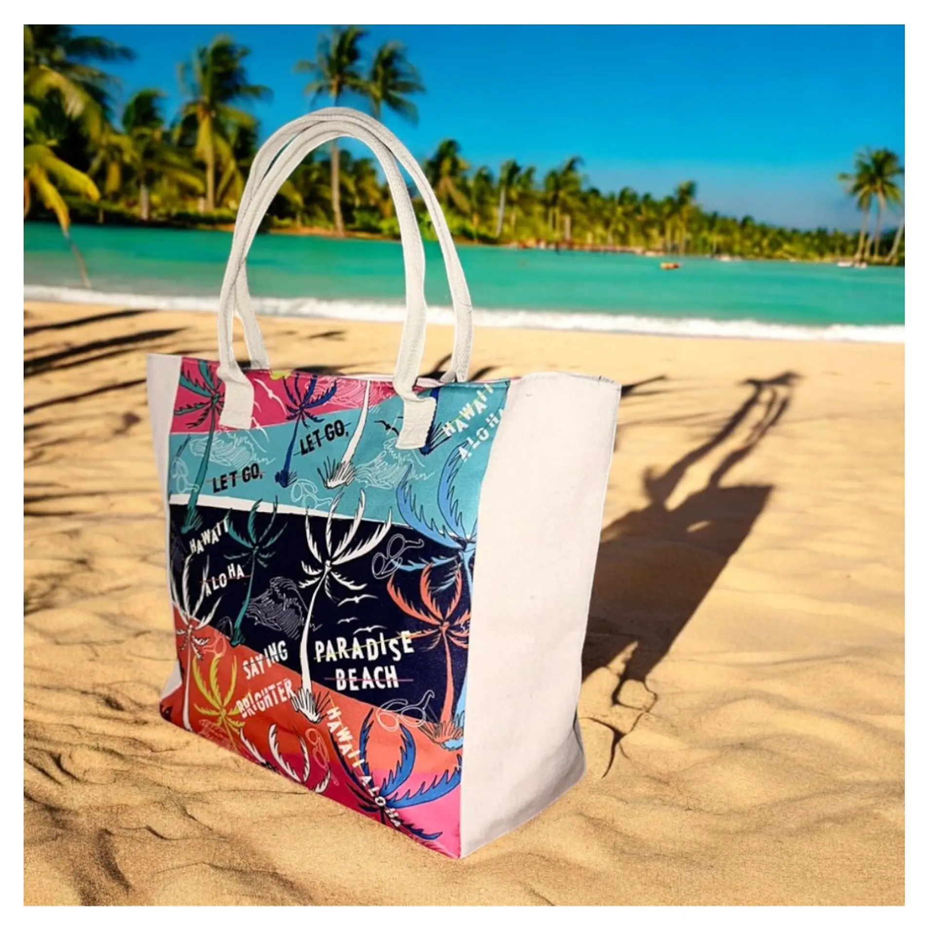 Bolso Playa Lona Algodon Franjas Con Cierre Fuelle Grande 2