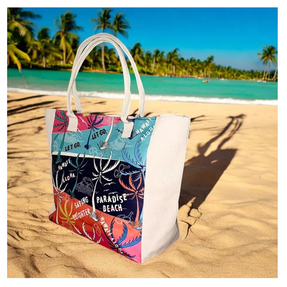 Bolso Playa Lona Algodon Franjas Con Cierre Fuelle Grande 2