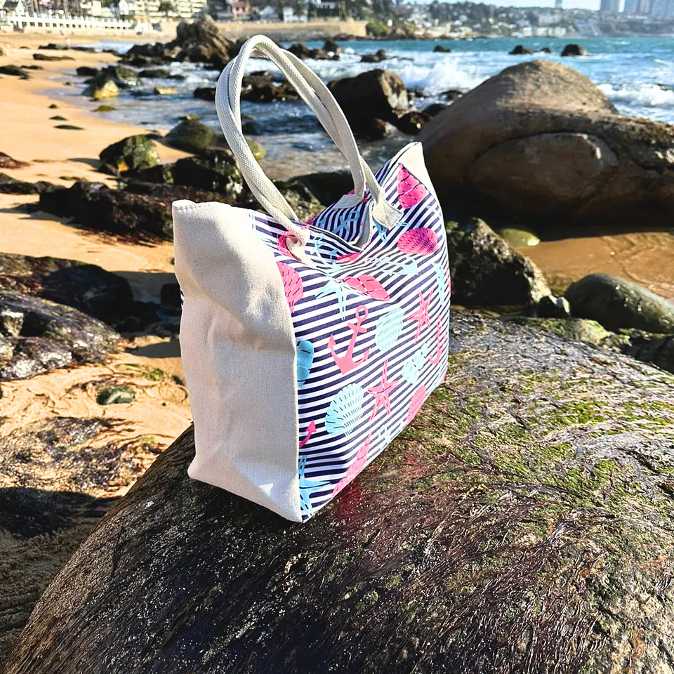 Bolso Playa Lona Algodon Estrellas Con Cierre Fuelle Grande 4