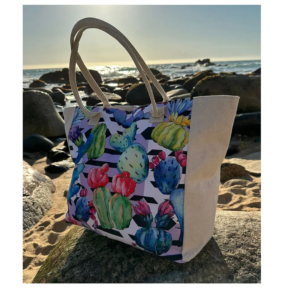 Bolso Playa Lona Algodon Coral Con Cierre Fuelle Grande 5