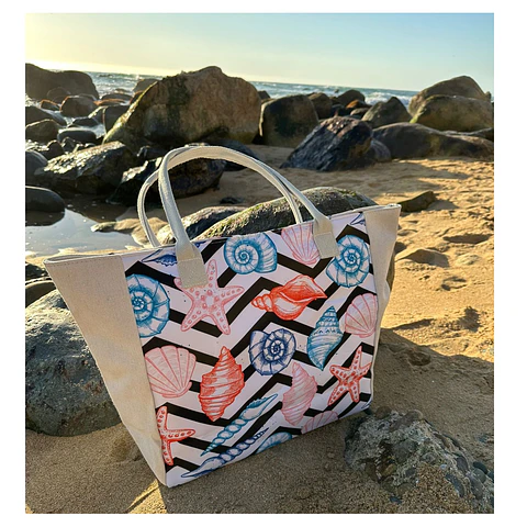 Bolso Playa Lona Algodon Caracoles Con Cierre Fuelle Grande