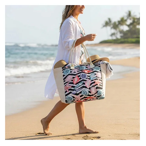 Bolso Playa Lona Algodon Caracoles Con Cierre Fuelle Grande