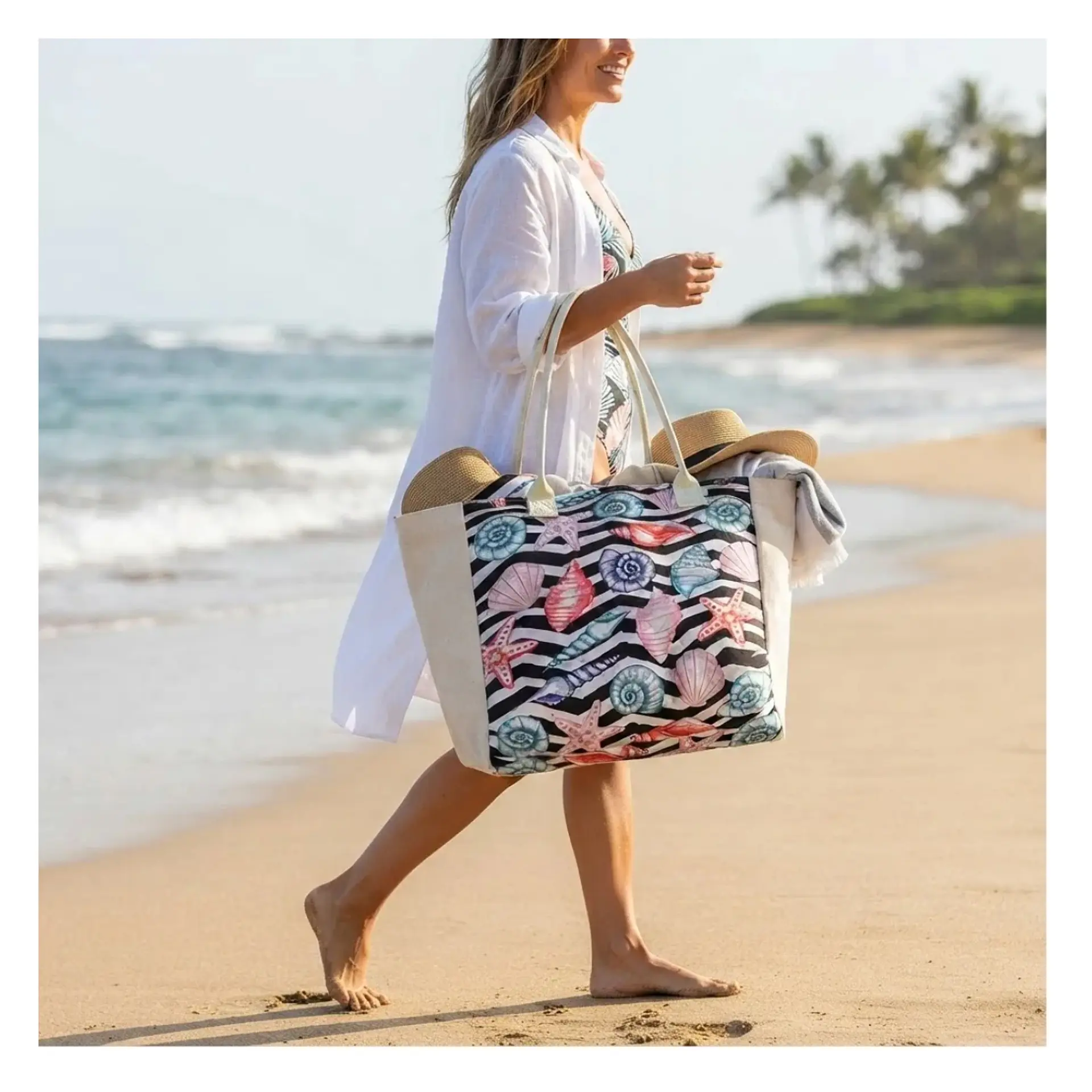 Bolso Playa Lona Algodon Caracoles Con Cierre Fuelle Grande 2