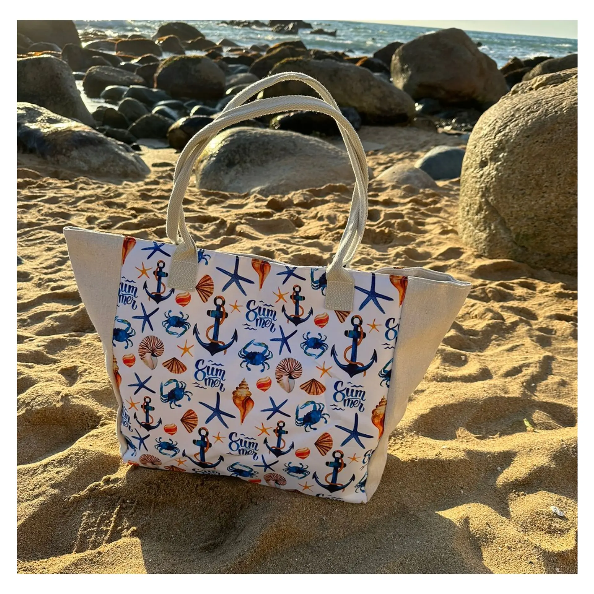 Bolso Playa Lona Algodon Anclas Con Cierre Fuelle Grande 7