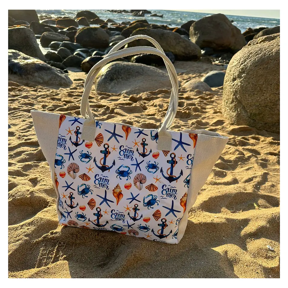 Bolso Playa Lona Algodon Anclas Con Cierre Fuelle Grande 7