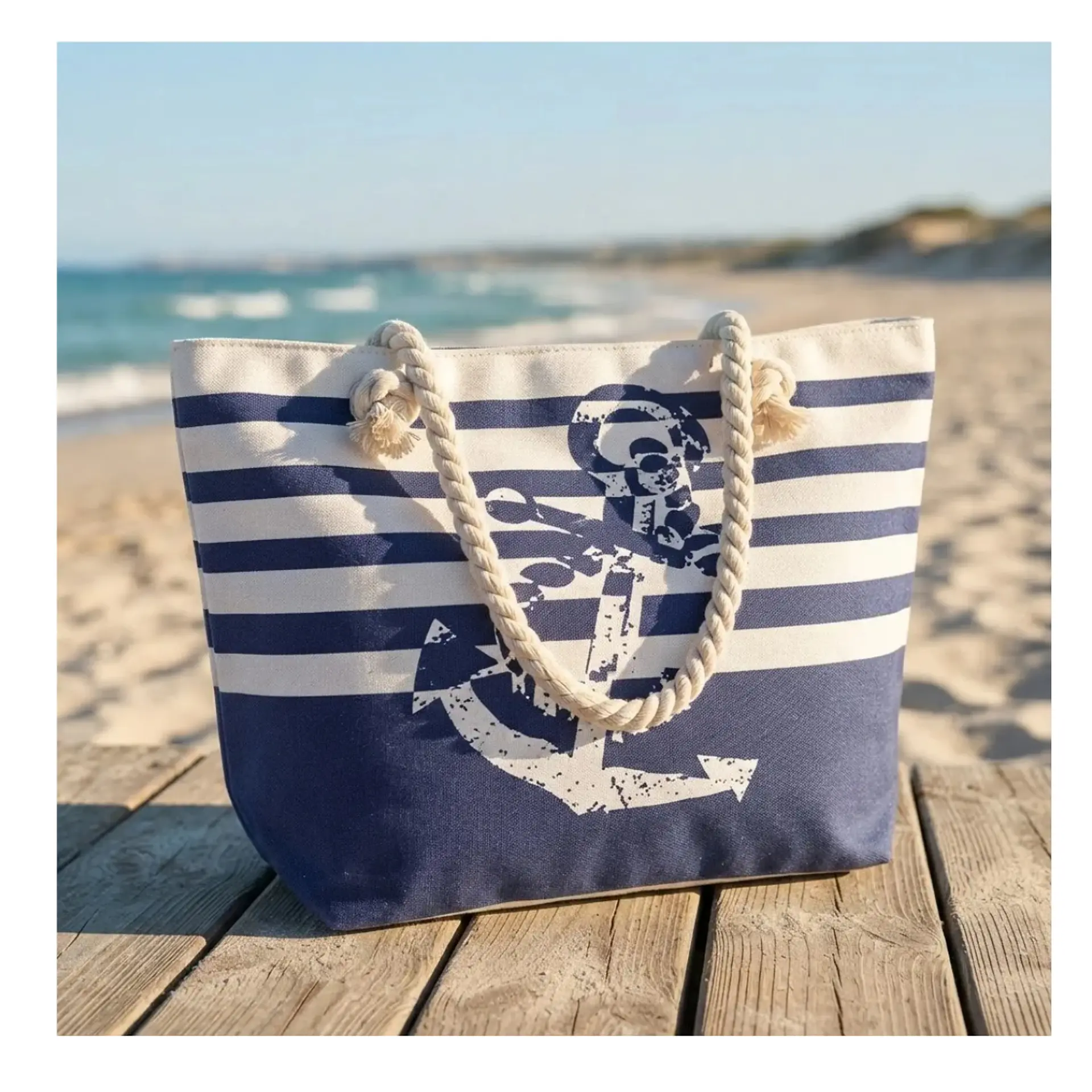 Bolso Playa Lona Algodon Con Cierre Ancla Azul 1