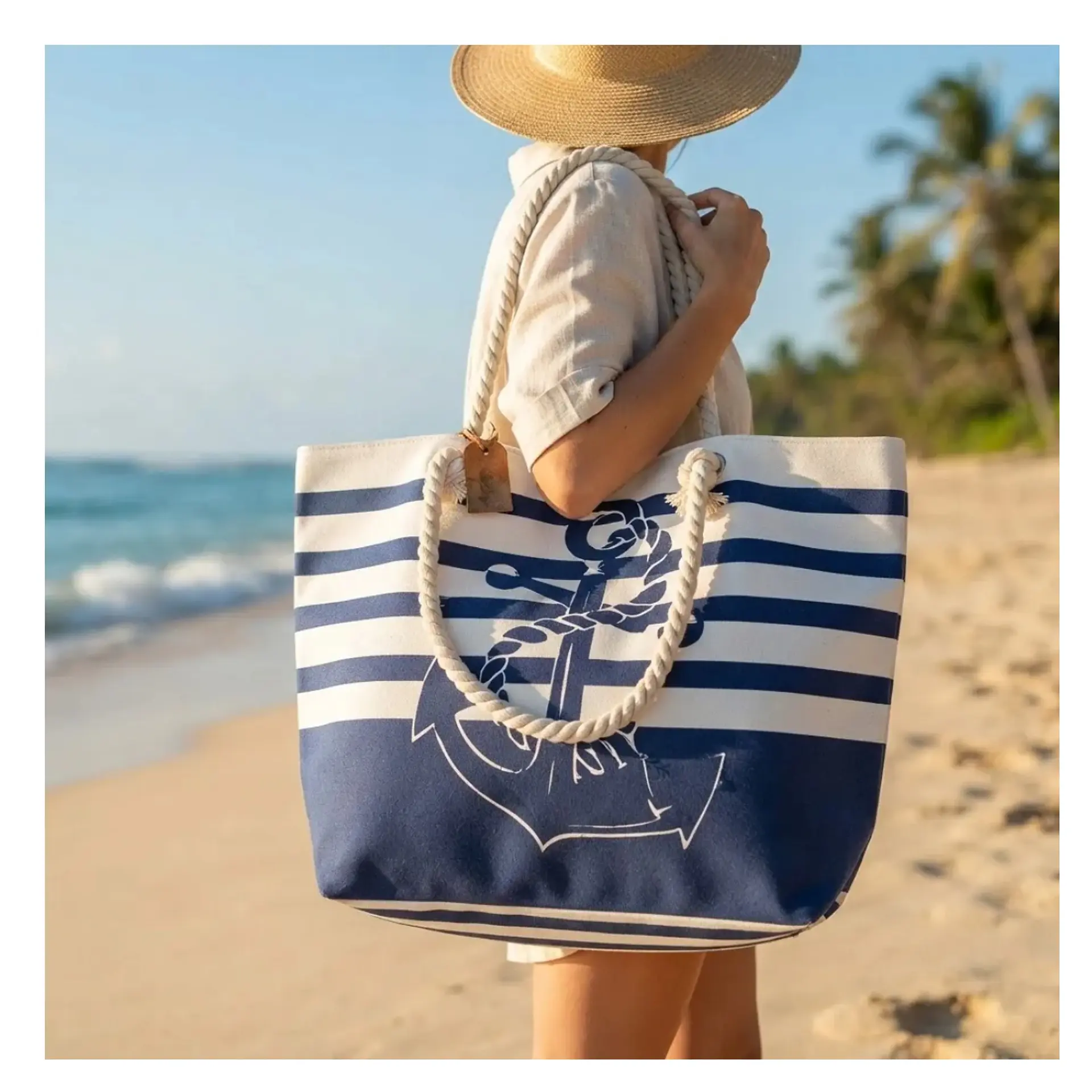 Bolso Playa Lona Algodon Con Cierre Ancla Azul 3