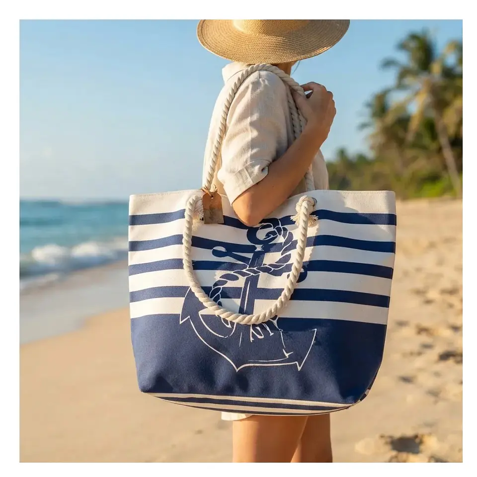 Bolso Playa Lona Algodon Con Cierre Ancla Azul 3