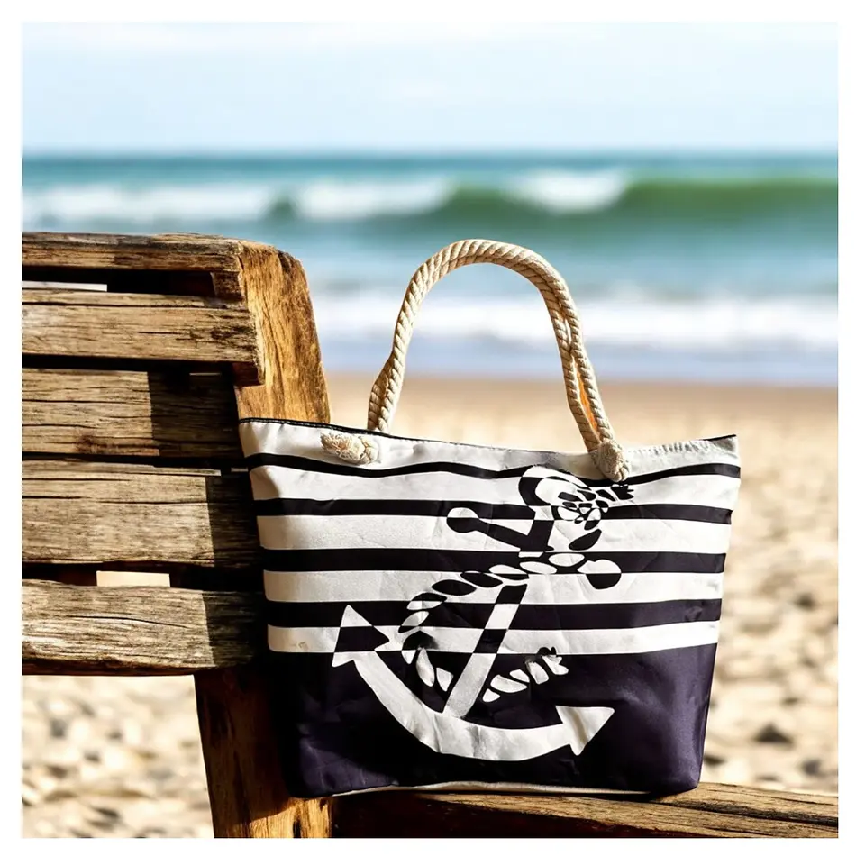 Bolso Playa Lona Algodon Con Cierre Ancla Azul 4