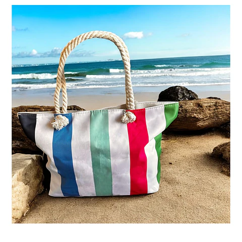 Bolso Playa Lona Algodón Lineas Con Cierre y Estuche
