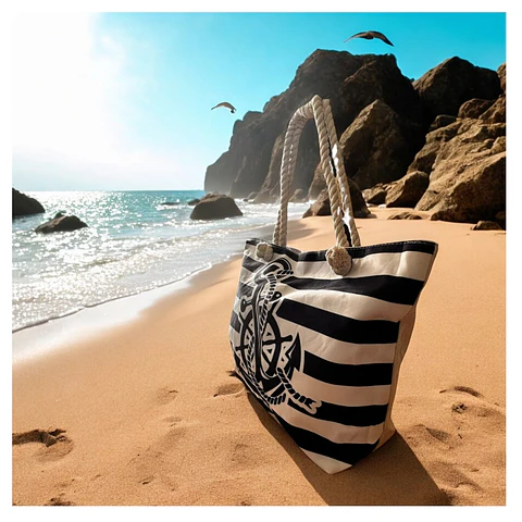 Bolso Playa Lona Algodon Con Cierre Estrella Azul