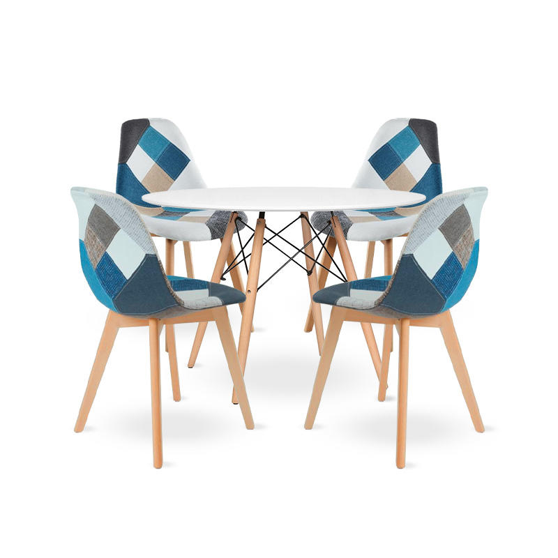 Comedor Mesa Redonda blanca 100cm + 4 sillas Patchwork wood celeste