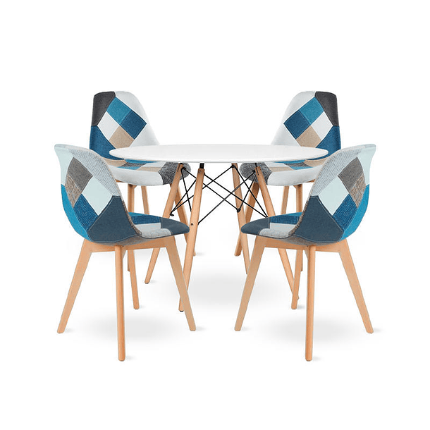 Comedor Mesa Redonda blanca 100cm + 4 sillas Patchwork wood celeste 1