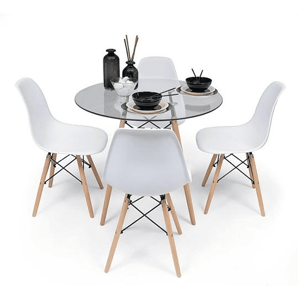 Comedor Mesa Eames Vidrio 80cm + 4 Sillas Eames Blancas | KLIK Muebles y  Diseño