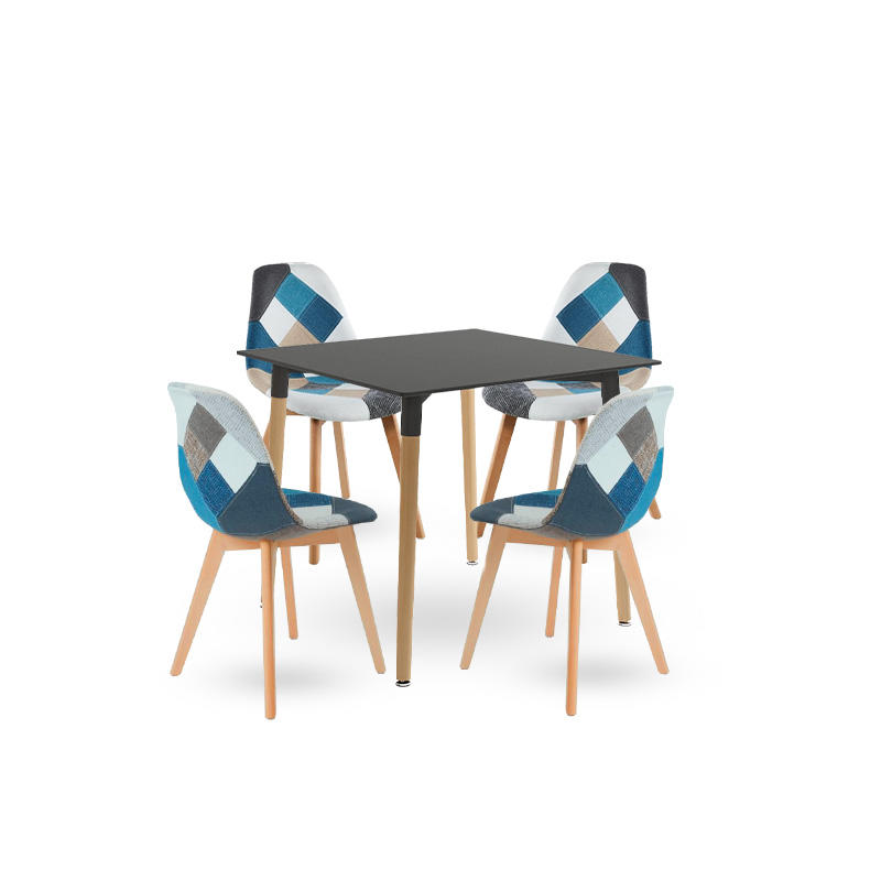Comedor mesa cuadrada negra 80cm + 4 sillas Patchwork wood Celeste