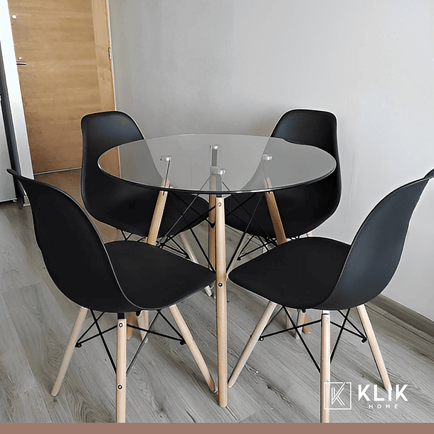 Comedor Mesa Eames Vidrio 80cm + 4 Sillas Eames Negras 5