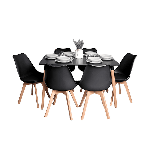 Comedor Mesa Rectangular Negra + 6 Sillas Tulip Negras 1