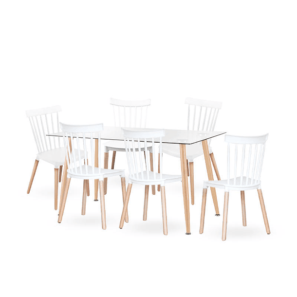 Comedor Mesa Rectangular vidrio 120x80 + 6 sillas Windsor blanca 1