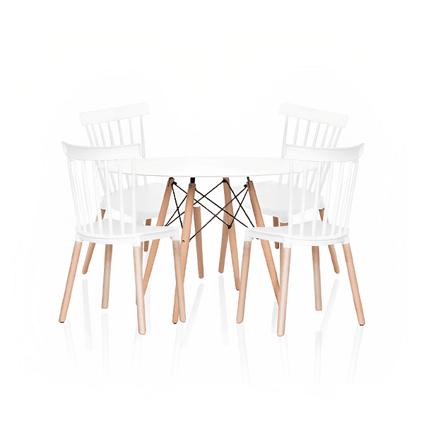 Comedor Mesa Redonda blanca 100cm + 4 sillas Windsor blanca 1