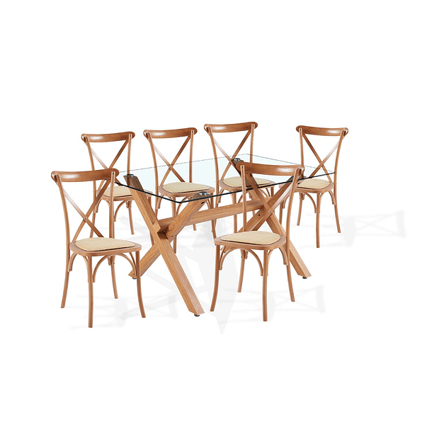 Juego de comedor mesa de vidrio cross 140x90 con 6 sillas Crossback Madera Rattan Natural 1