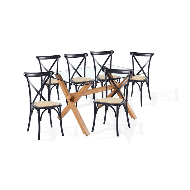 Comedor mesa de vidrio cross 140x90 + 6 sillas Crossback Madera Negras 1