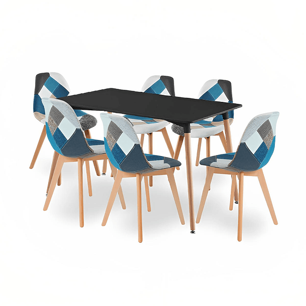 Comedor mesa rectangular negra 120x80 cm + 6 sillas Patchwork wood Celeste 1