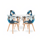 Comedor Mesa Redonda blanca 80cm + 4 sillas Patchwork wood celeste 1