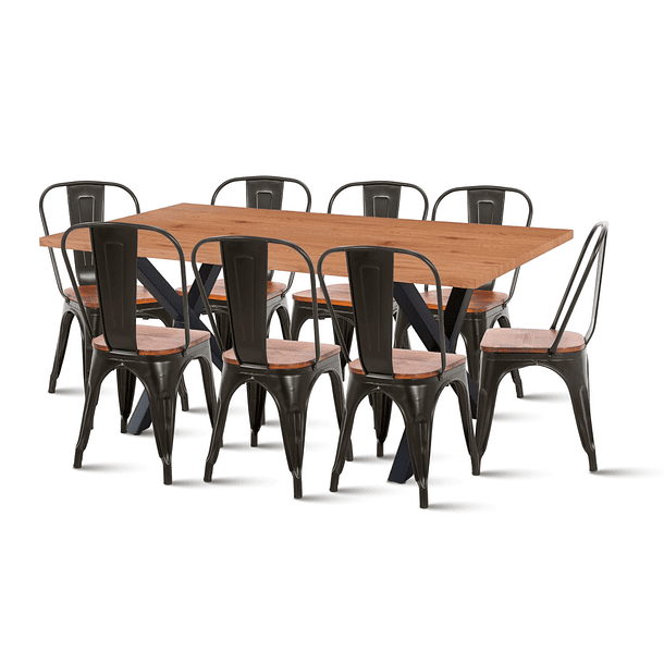 Mesa Color Madera y Metal Cross 180x90 + 8 sillas Tolix con asiento de madera - Negras 1