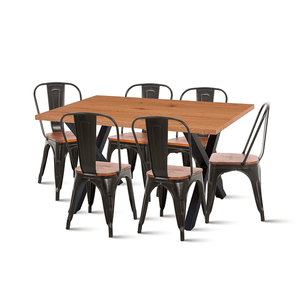 Mesa Color Madera y Metal Cross 140x90 + 6 sillas Tolix con asiento de madera - Negras 1