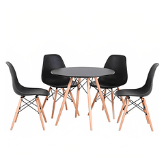 Comedor Mesa Eames Redonda Negra 80cm + 4 Sillas Eames Negras