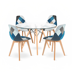 Comedor Eames Redonda vidrio 100cm + 4 Sillas Patchwork Wood Celeste