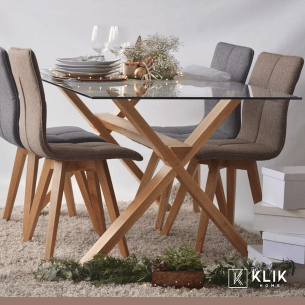 Comedor de Vidrio Cross 140x90cm + 6 Sillas Fresno de Madera - Natural 9