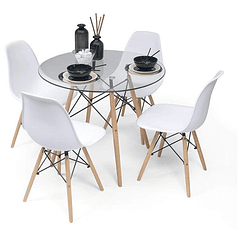 Comedor Mesa Eames Vidrio 80cm + 4 Sillas Eames Blancas