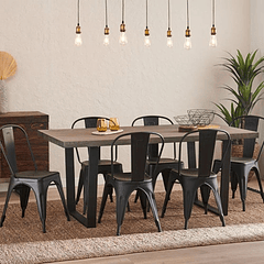 Comedor Industrial 160x90 Madera Oscura Walnut + 6 Sillas Tolix Negras