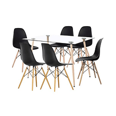 Comedor Mesa de Vidrio Rectangular 120x80 + 6 Sillas Eames Negras