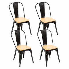 Pack de 4 sillas Tolix con asiento de madera Clara - Negras