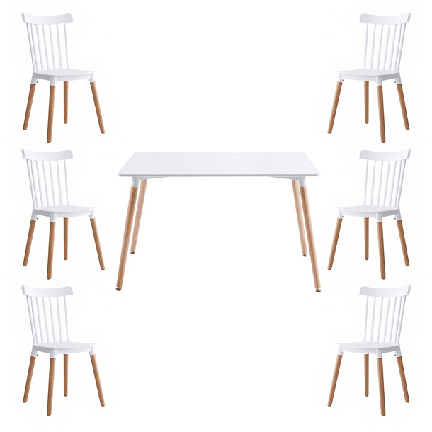 Comedor Mesa Rectangular blanca 120x80 + 6 sillas Windsor blanca 1