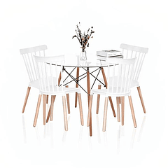 Comedor Mesa Eames Redonda vidrio 80cm + 4 Sillas Windsor Blancas