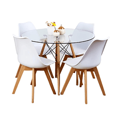 Comedor Mesa Eames Vidrio 100 cm + 4 Sillas Tulip Blancas