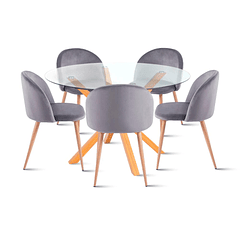 Comedor redondo de vidrio Cross 120cm + 5 Silla Sitial Acolchado Nórdica Bread - Gris