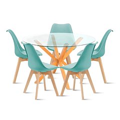 Comedor redondo de vidrio Cross 120cm + 5 Silla Tulip Acolchada - Menta