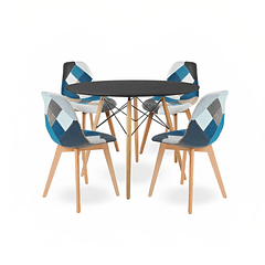 Comedor mesa redonda negra 100cm + 4 sillas Patchwork wood Celeste