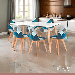 Comedor mesa rectangular vidrio 120cm + 6 silla Patchwork wood Celeste