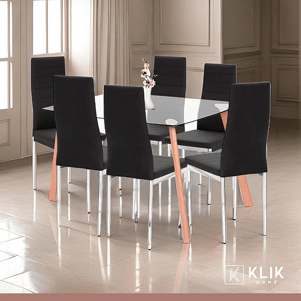 Comedor Mesa de Vidrio Rectangular 140x90cm + 6 Sillas Dining Liana Acolchadas - Negras 2