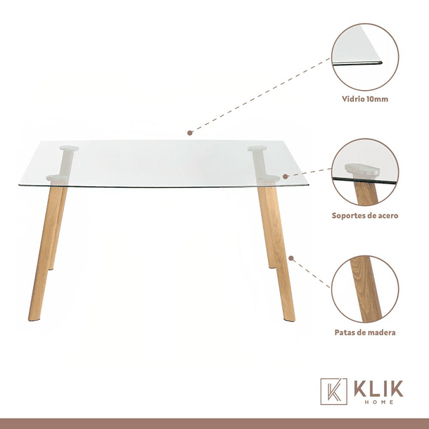 Comedor Mesa de Vidrio Rectangular 140x90cm + 6 Sillas Dining Liana Acolchadas - Blancas 3