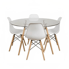 Comedor Mesa Eames Vidrio 100cm + 4 Sillas Eames Blancas