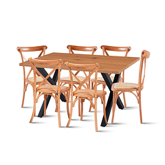 Comedor Mesa Color Madera y Metal Cross 140x90 + 6 Sillas Crossback Madera Rattan Natural